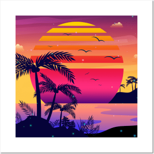 Fiery Sunset Synthwave Posters and Art